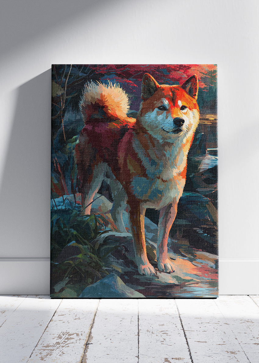 Shiba Inu Forest Sunset Poster & Canvas Print – Vibrant Modern Dog Art