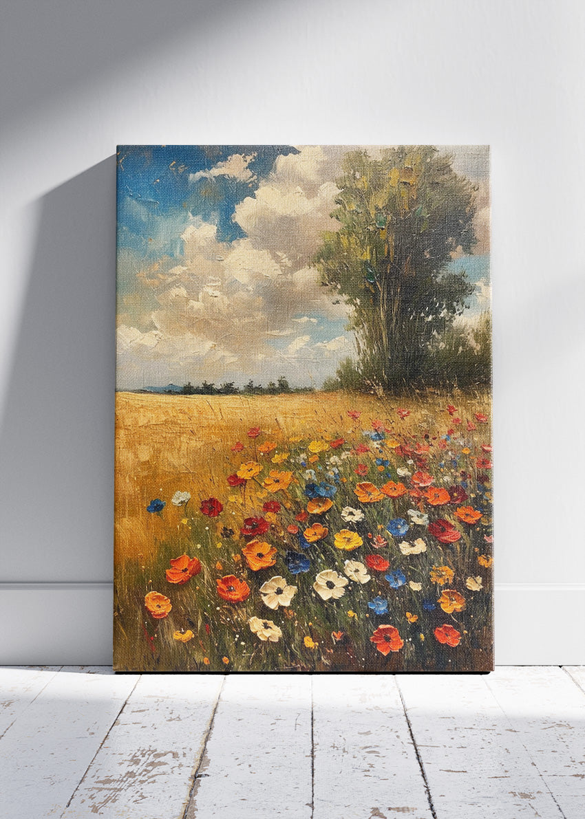 Wildflower Meadow in Golden Field – Rustic Floral Landscape Wall Art Poster & Canvas – AI PRINT LAB