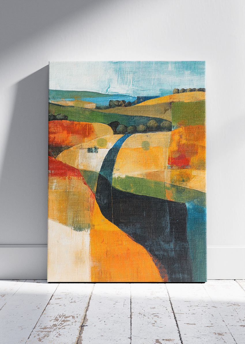 Abstract Patchwork Fields & River – Modern Colour Block Landscape Canvas & Poster Print – AI PRINT LAB