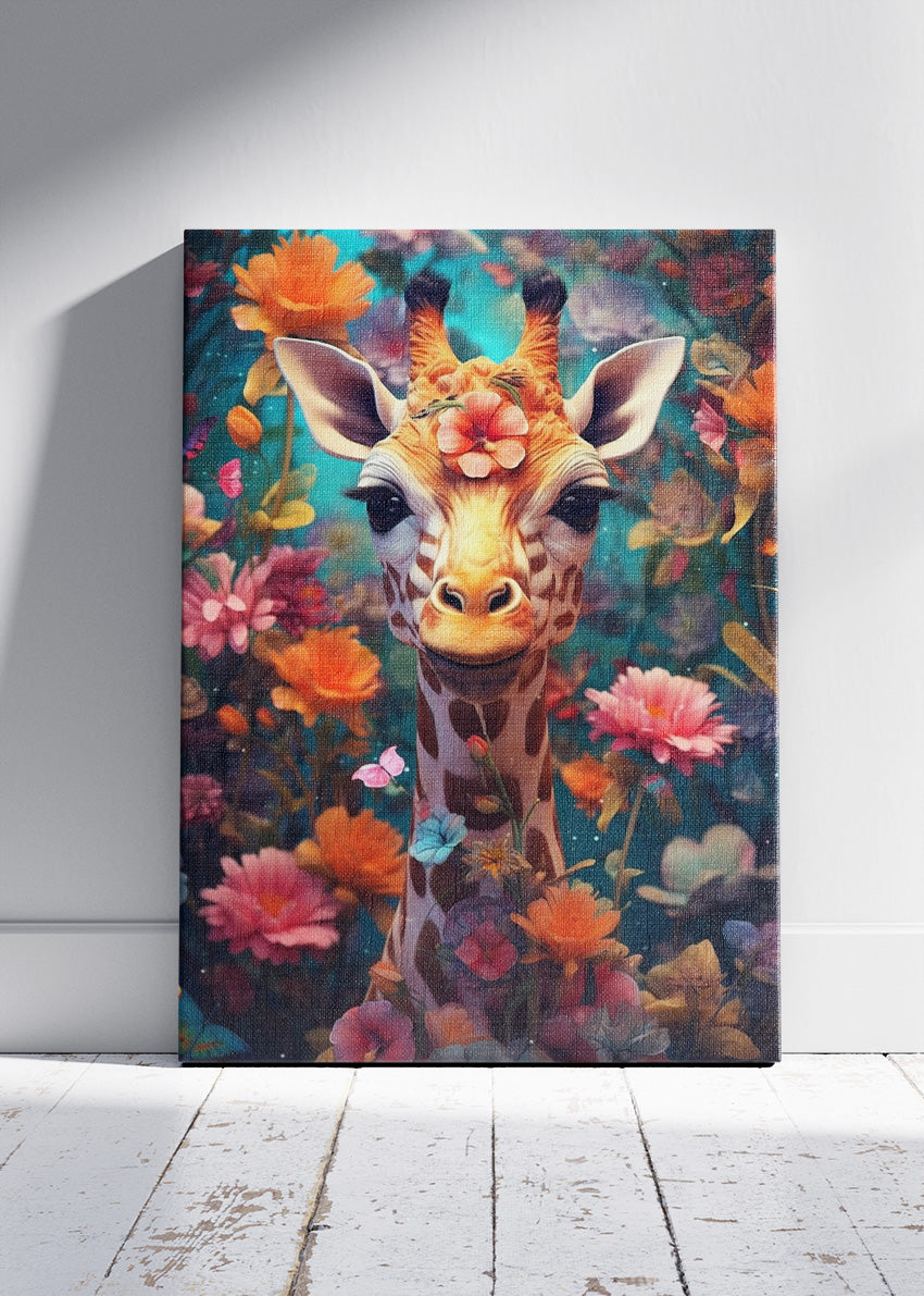 Whimsical Giraffe in Flower Garden Poster & Canvas Print – Colourful Fantasy Animal Art