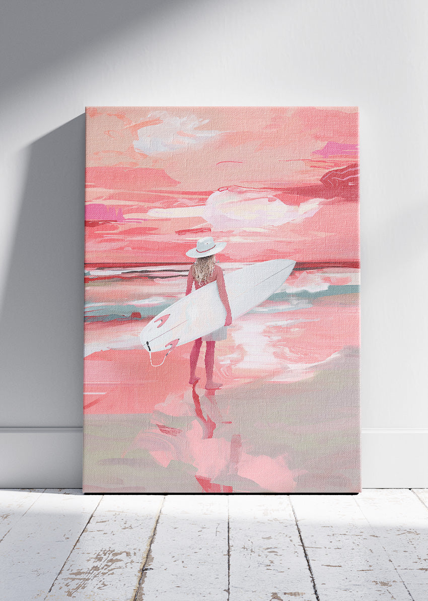 Blush Sunset Surfer – Pink Coastal Beach Canvas & Poster Print – AI PRINT LAB