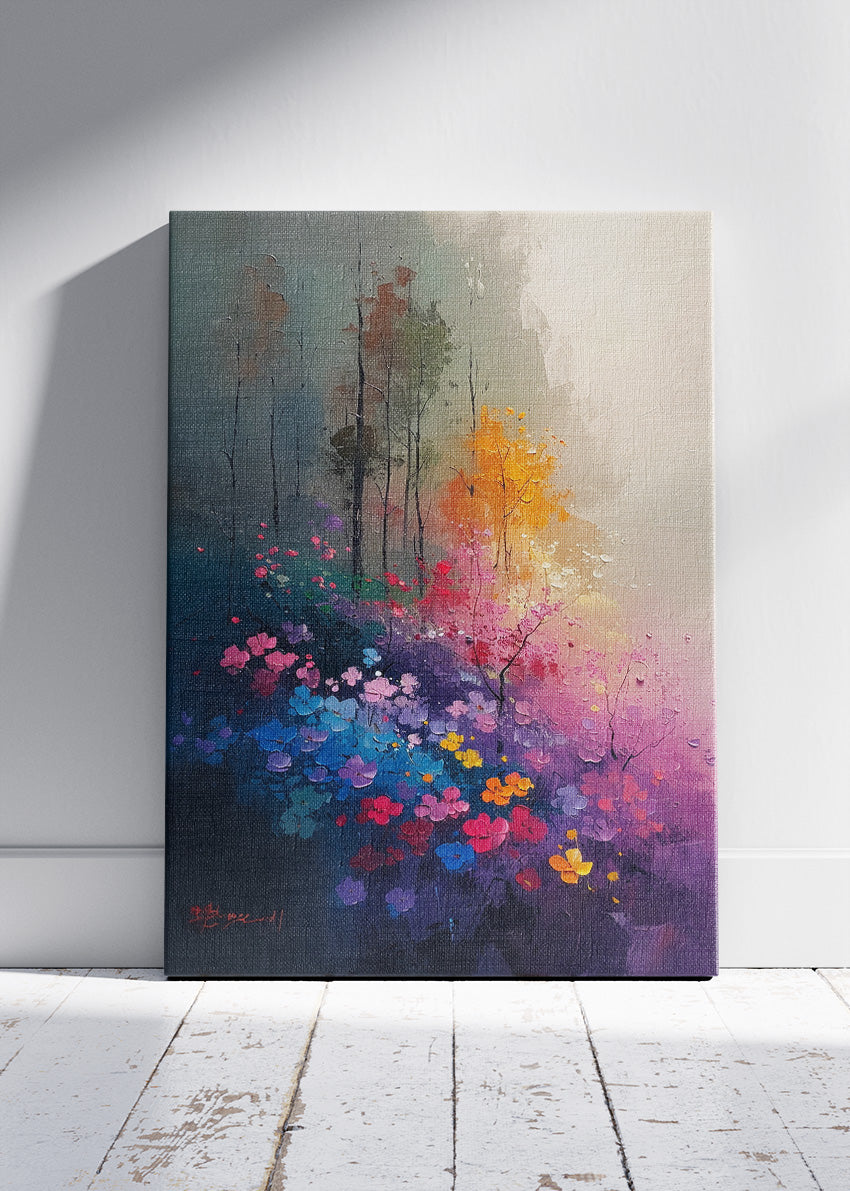 Mystic Bloom Forest – Vibrant Floral Landscape Canvas & Poster Print – AI PRINT LAB