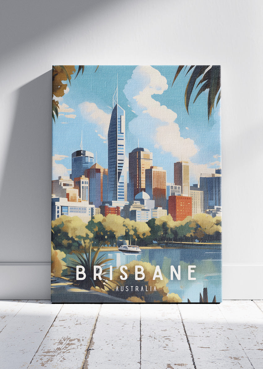 Brisbane Australia Travel Poster & Canvas Wall Art – City Skyline River View Print