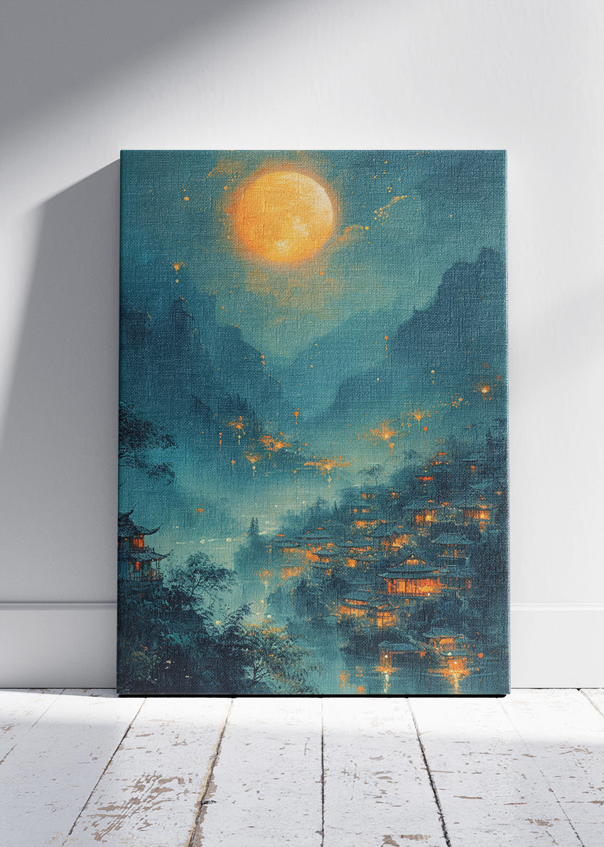 Golden Moonlit Village – Mystical Asian Night Landscape Canvas & Poster Print – AI PRINT LAB