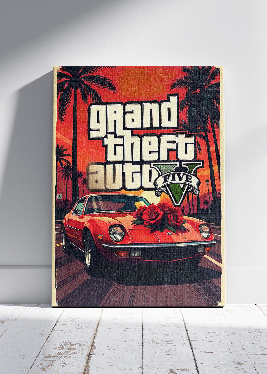 Grand Theft Auto V Wall Art Poster & Canvas – Iconic Sports Car & Sunset Gaming Artwork