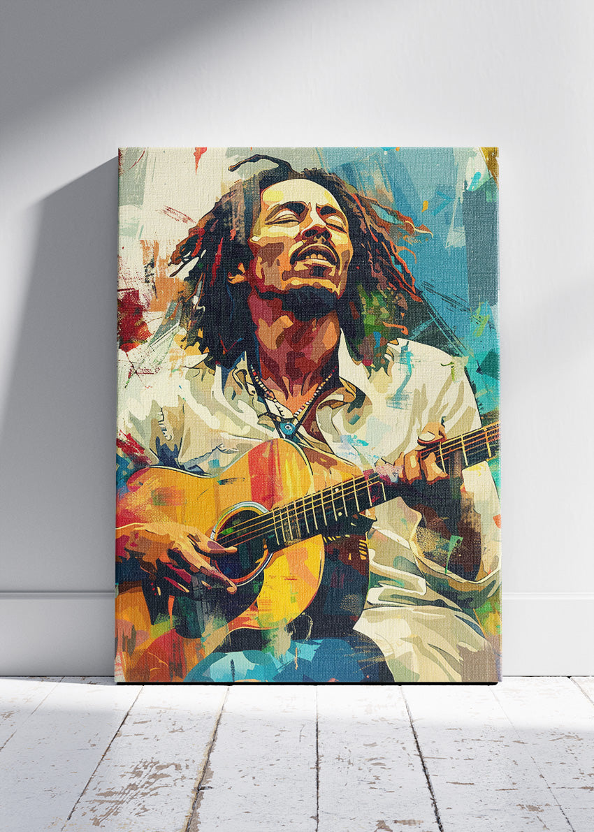 Bob Marley Acoustic Guitar Wall Art Poster & Canvas Print – Reggae Legend Colourful Portrait