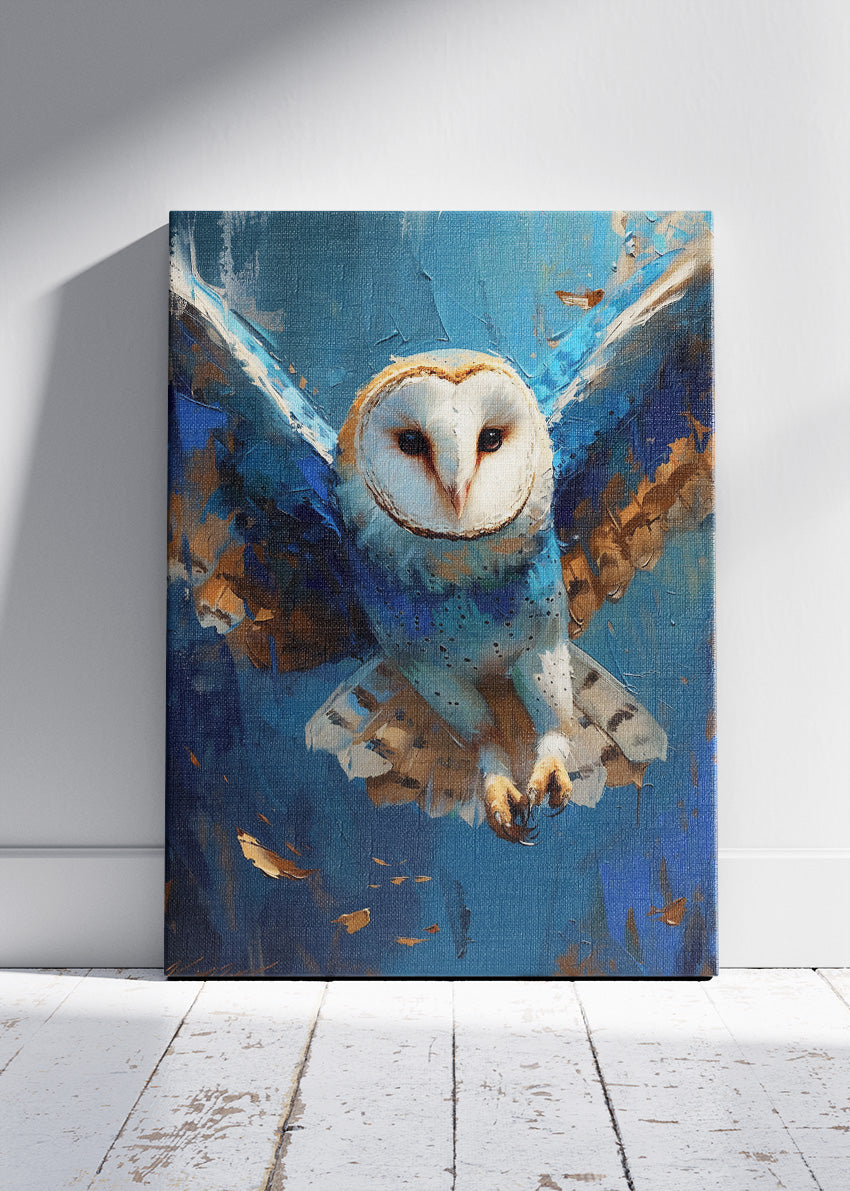 Majestic Barn Owl in Flight Poster & Canvas Print – Blue Wildlife Art Wall Decor