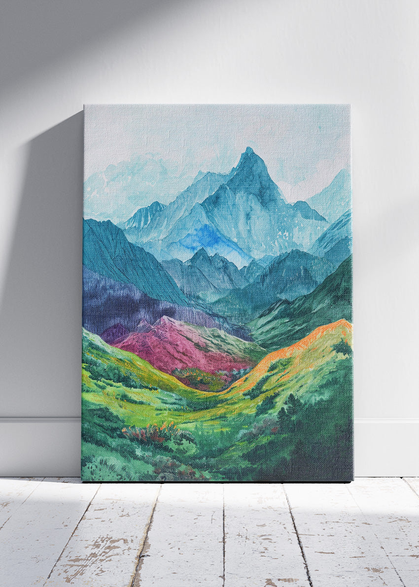 Colourful Mountain Valley Landscape – Vibrant Nature Wall Art Poster & Canvas – AI PRINT LAB