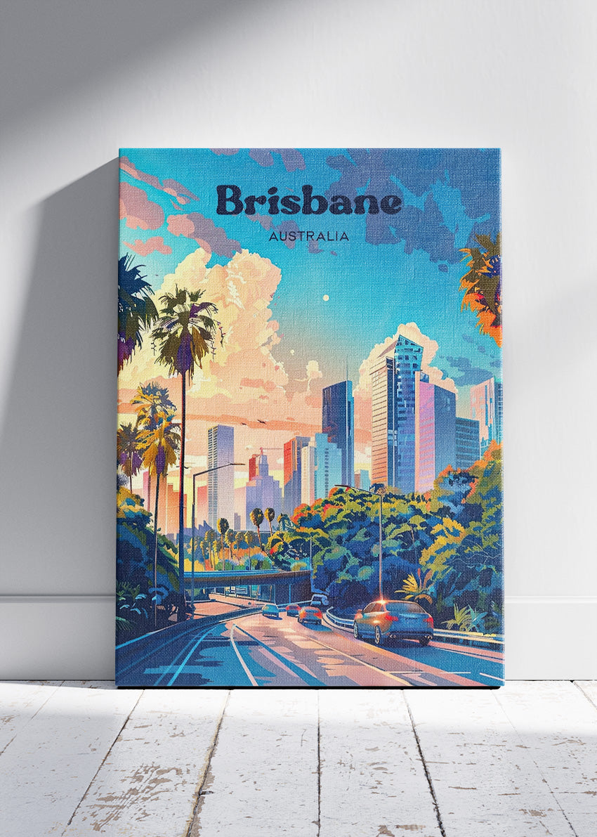 Brisbane Australia Travel Poster & Canvas Wall Art – City Skyline Sunset Print