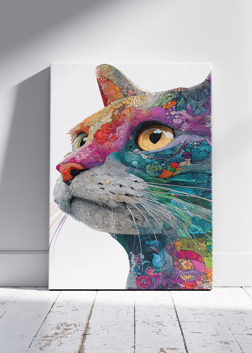 Colourful Cat Portrait Poster & Canvas Print – Modern Line Art Animal Wall Decor