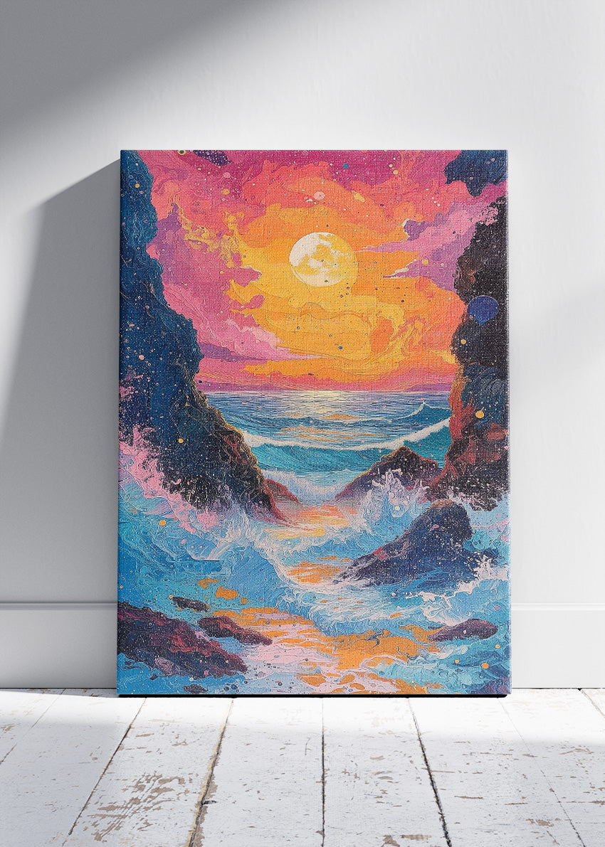 Vibrant Ocean Sunset Between Cliffs – Colorful Seascape Canvas & Poster Print – AI PRINT LAB