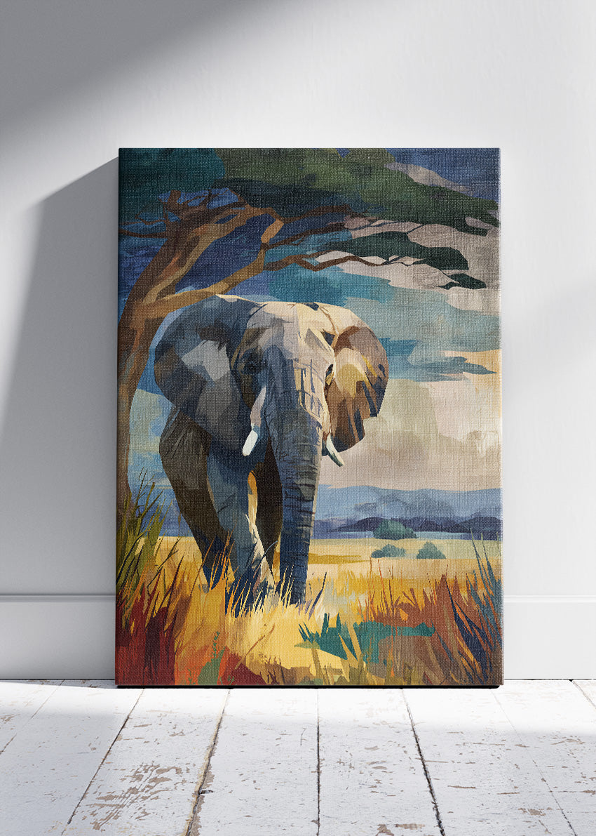 African Elephant Savannah Wall Art Poster & Canvas Print – Modern Wildlife Landscape Illustration