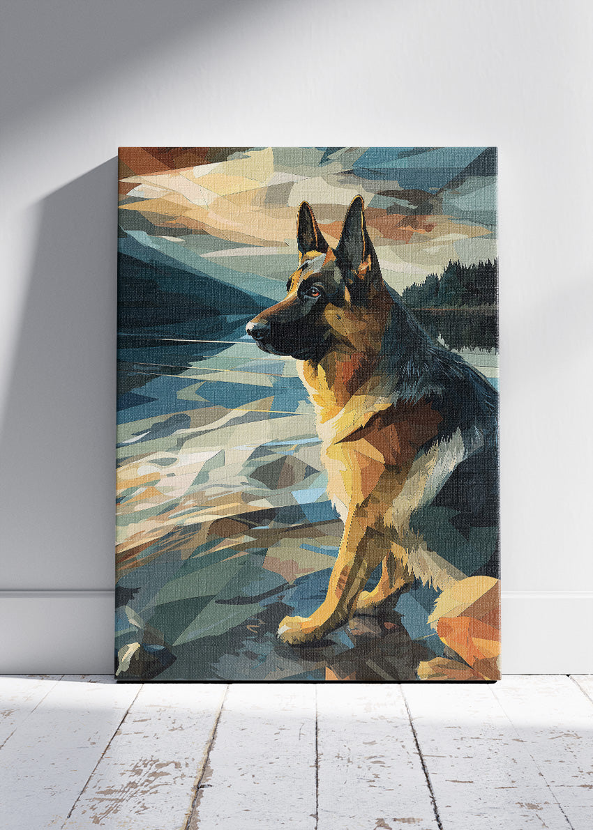 German Shepherd Lake Wall Art Poster & Canvas Print – Modern Geometric Dog Illustration