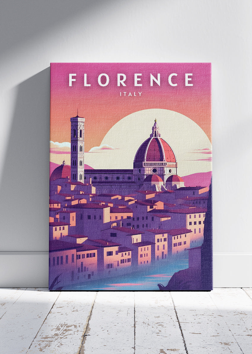 Florence Italy Pink Sunset Skyline Poster & Canvas Print – Duomo Cathedral Illustrated Wall Art