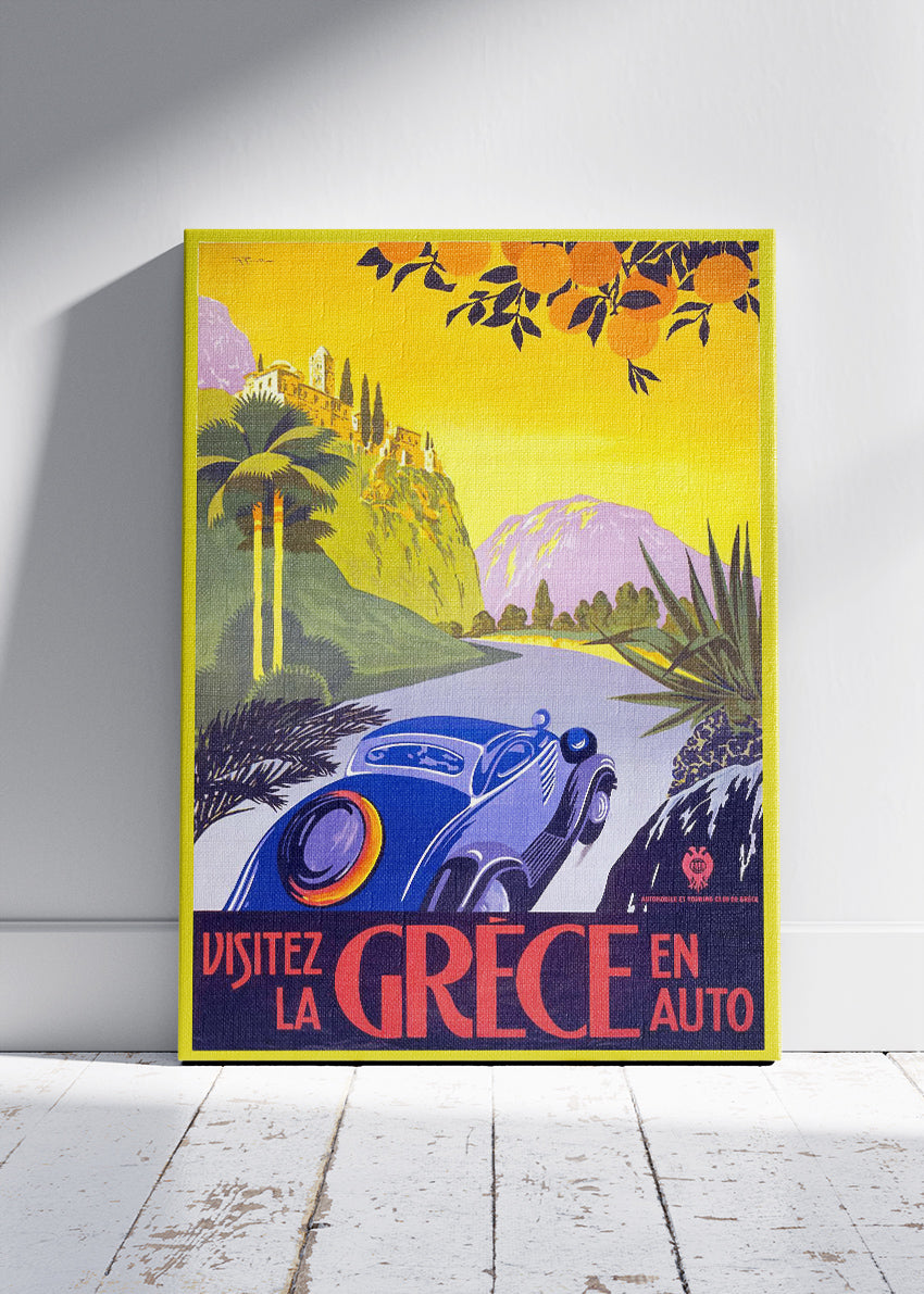 Vintage Greece Car Journey Poster & Canvas Print – Retro Scenic Road Travel Art