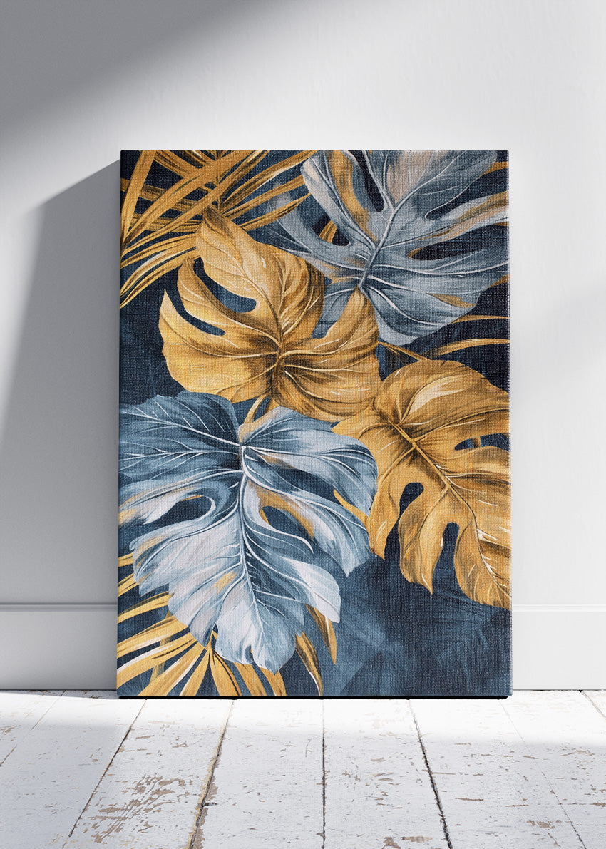 Gold and Blue Tropical Leaf Wall Art – Luxury Monstera Botanical Canvas Print & Modern Statement Poster for Living Room Decor UK