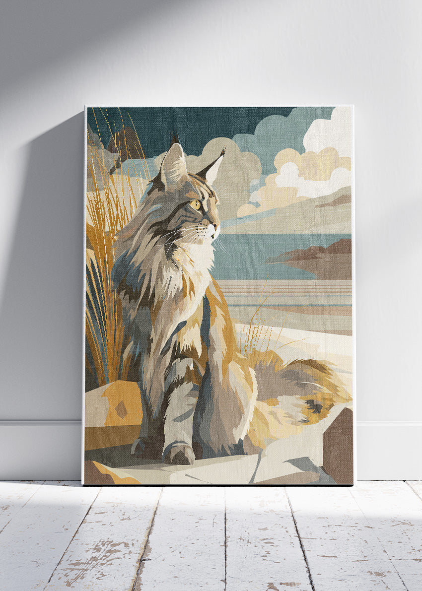 Long-Haired Cat Wall Art Poster & Canvas Print – Coastal Feline Illustration