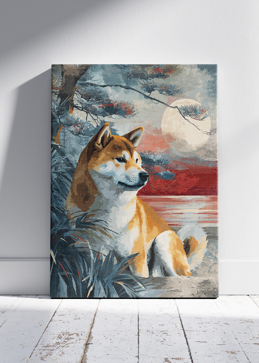 Shiba Inu Moonlit Lakeside Wall Art Poster & Canvas Print – Serene Dog Illustration