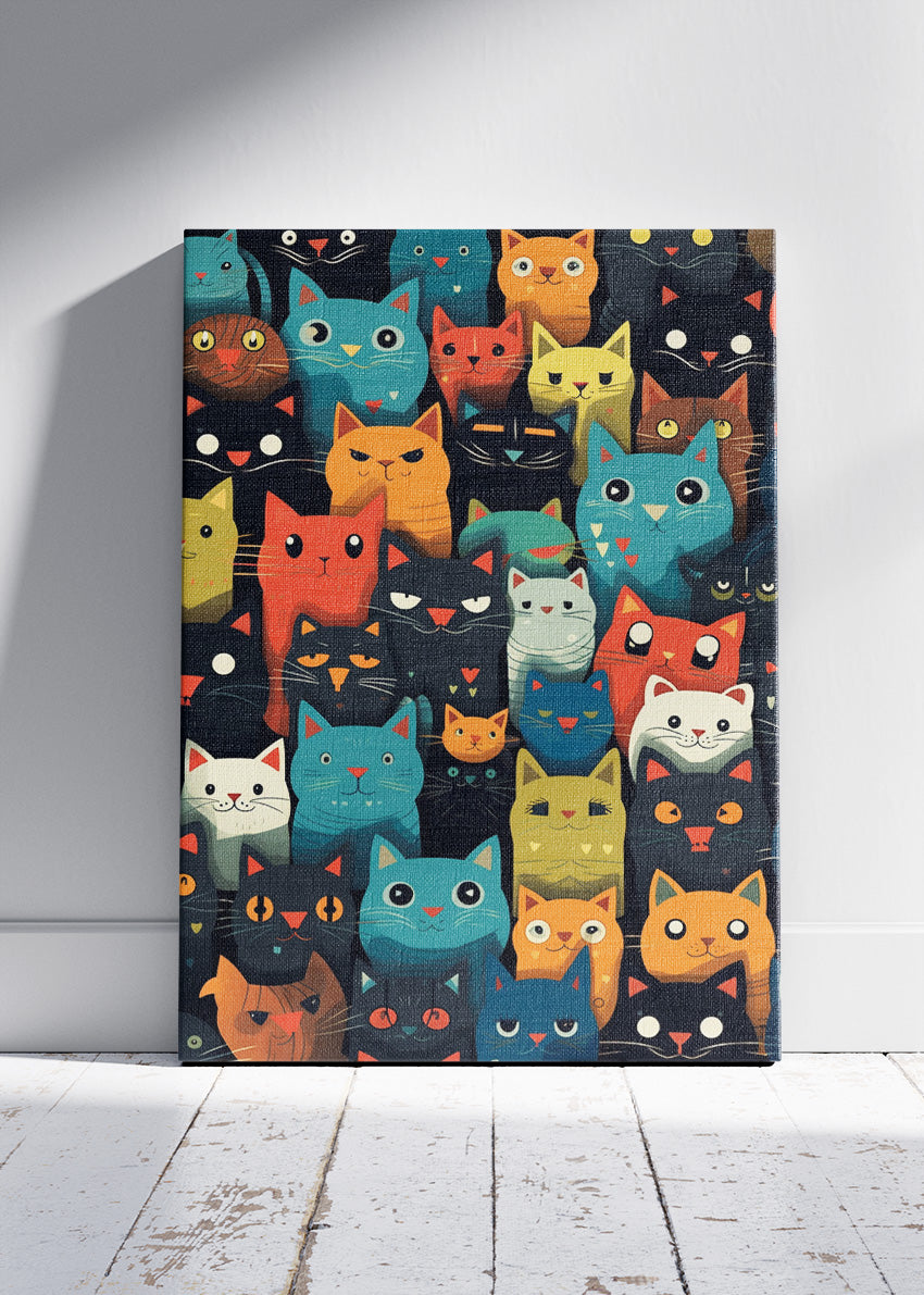 Colorful Cartoon Cats Wall Art Poster & Canvas Print – Playful Feline Pattern Illustration