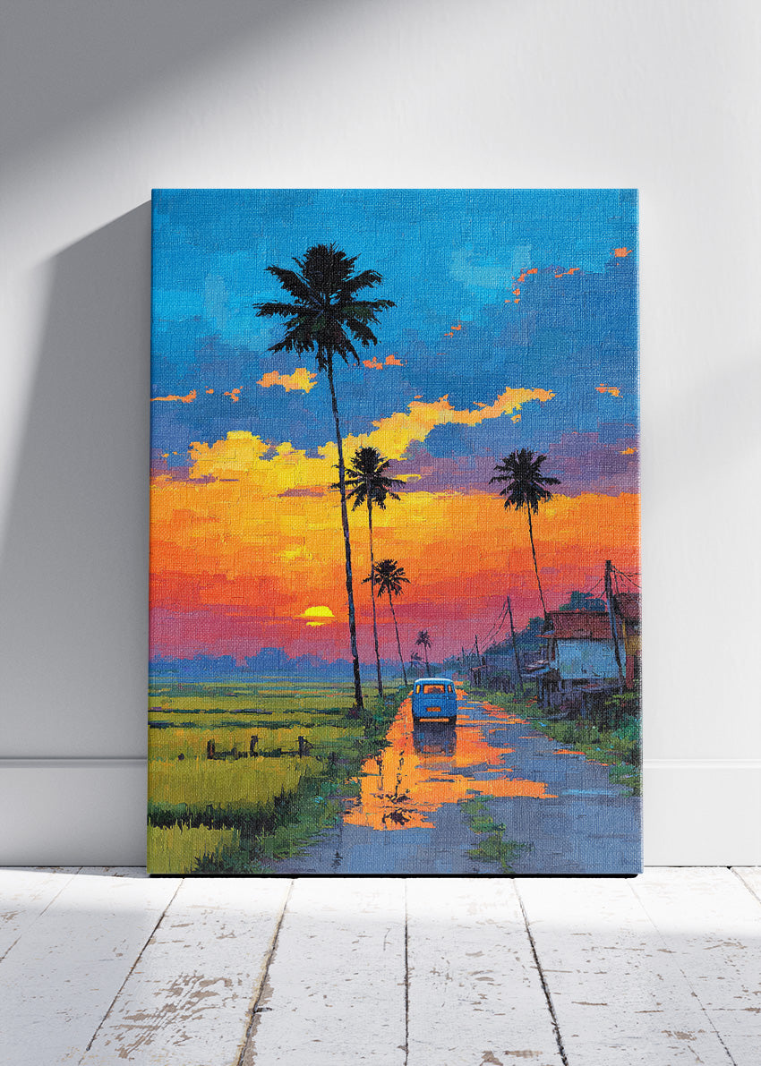 Tropical Sunset Road with Palm Trees – Vibrant Evening Landscape Canvas & Poster Print – AI PRINT LAB
