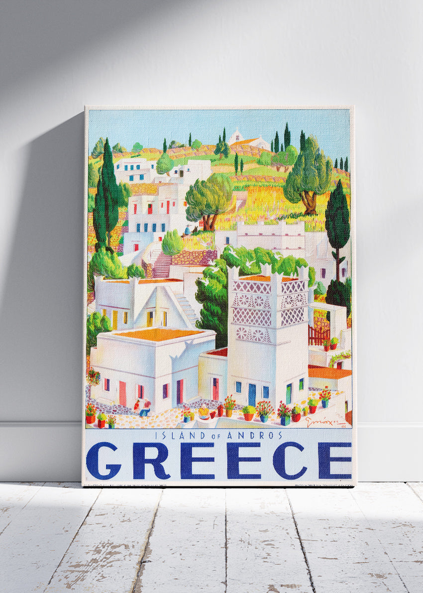 Andros Greece Illustrated Poster & Canvas Print – Colorful Island Village Travel Art