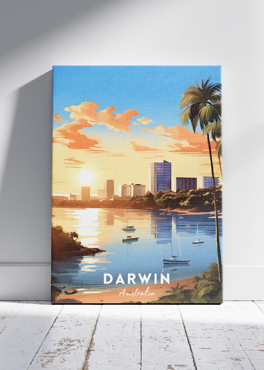 Darwin Australia Travel Poster & Canvas Wall Art – Tropical Skyline Sunset Illustration Print