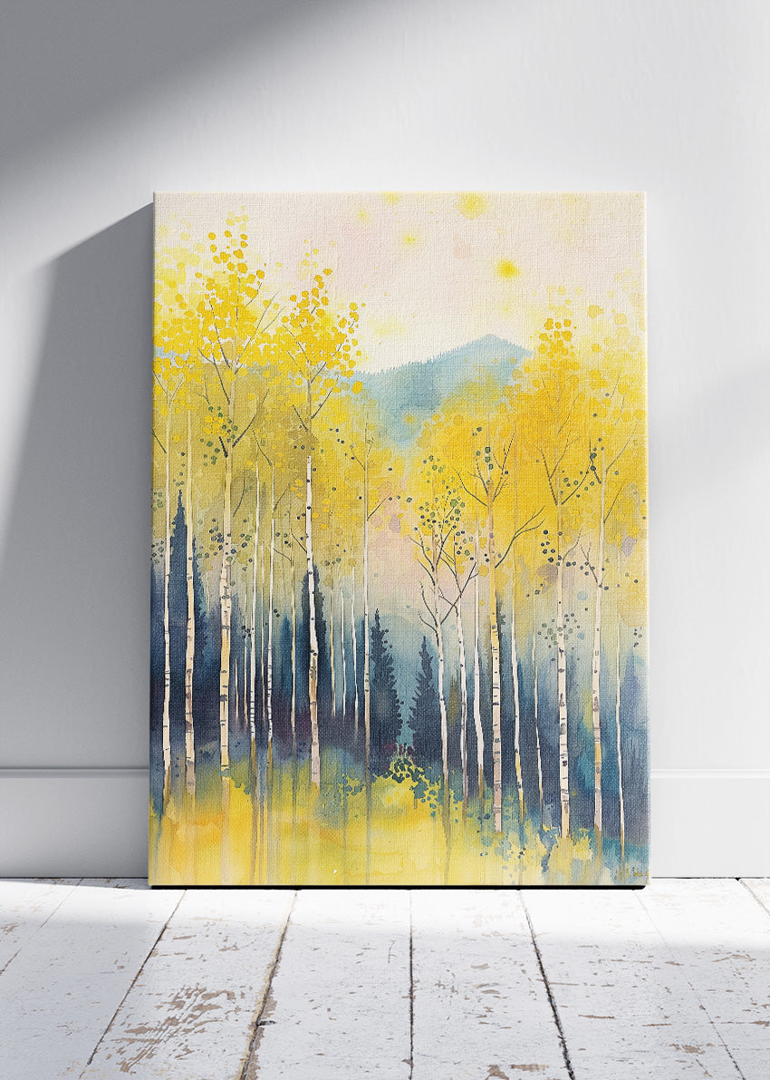 Yellow Birch Forest Wall Art – Soft Watercolour Woodland Canvas Print & Modern Nature Landscape Poster for Living Room Decor UK