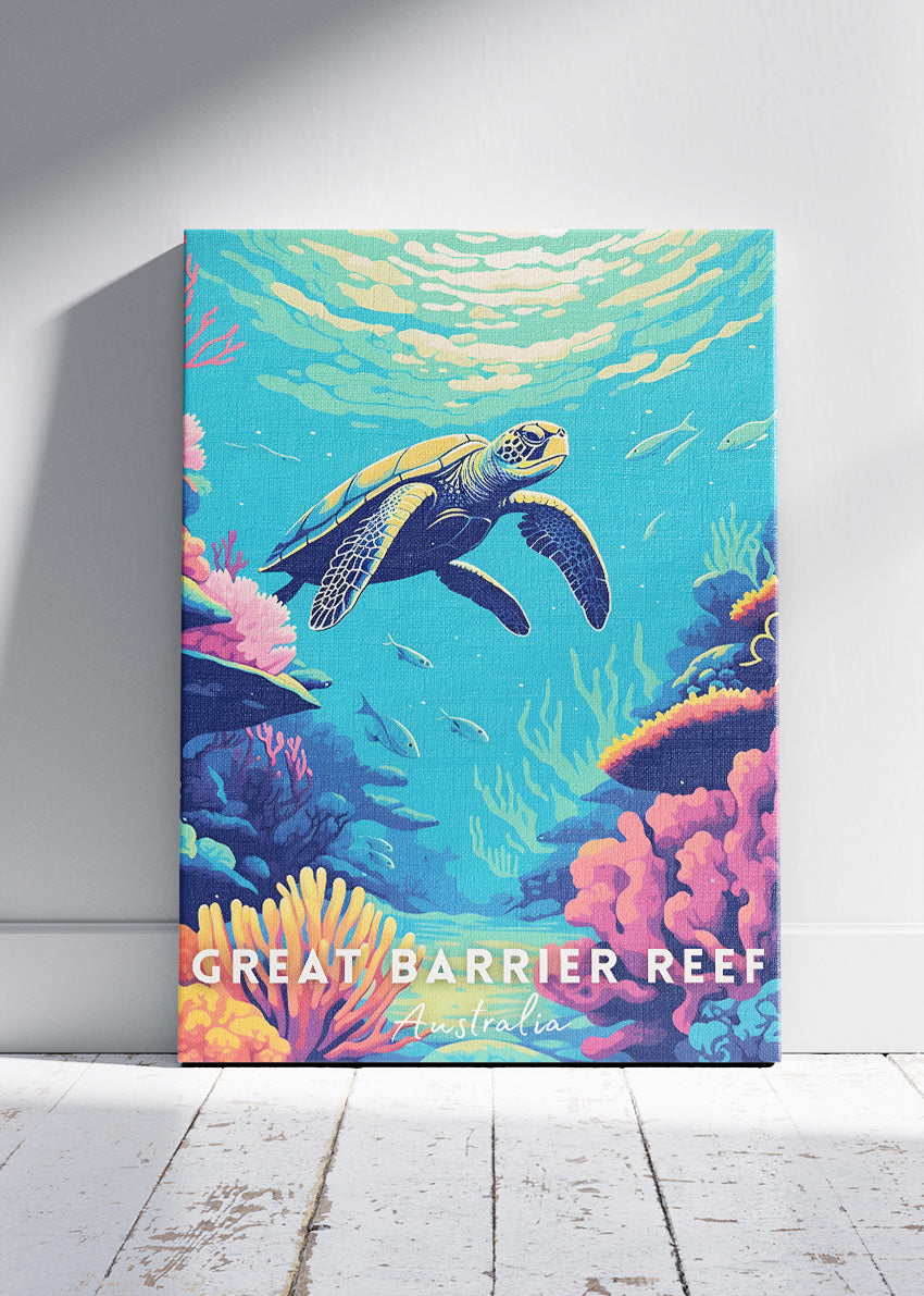Great Barrier Reef Australia Travel Poster & Canvas Wall Art – Sea Turtle Coral Reef Illustration Print