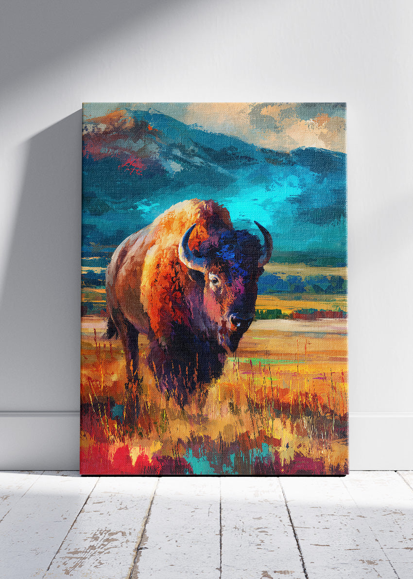 Majestic Bison Canvas Print & Poster – Colorful Wildlife Landscape Wall Art
