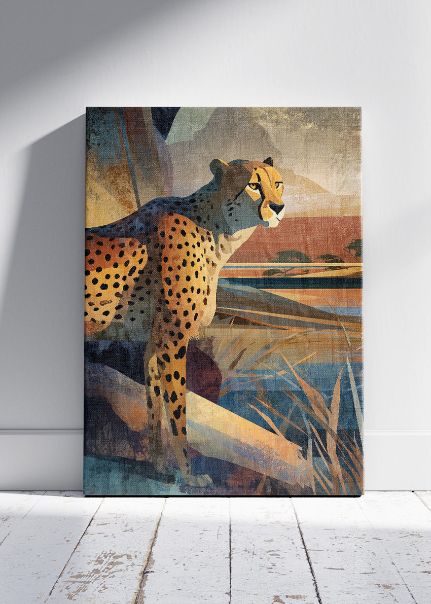 Cheetah Safari Canvas Print & Poster – Modern Wildlife Landscape Wall Art