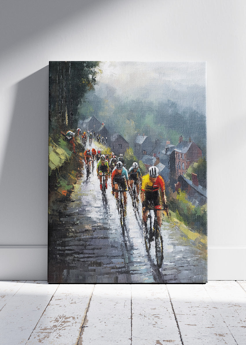 Rainy Hill Climb Cycling Art Print & Canvas – Classic European Peloton Wall Art