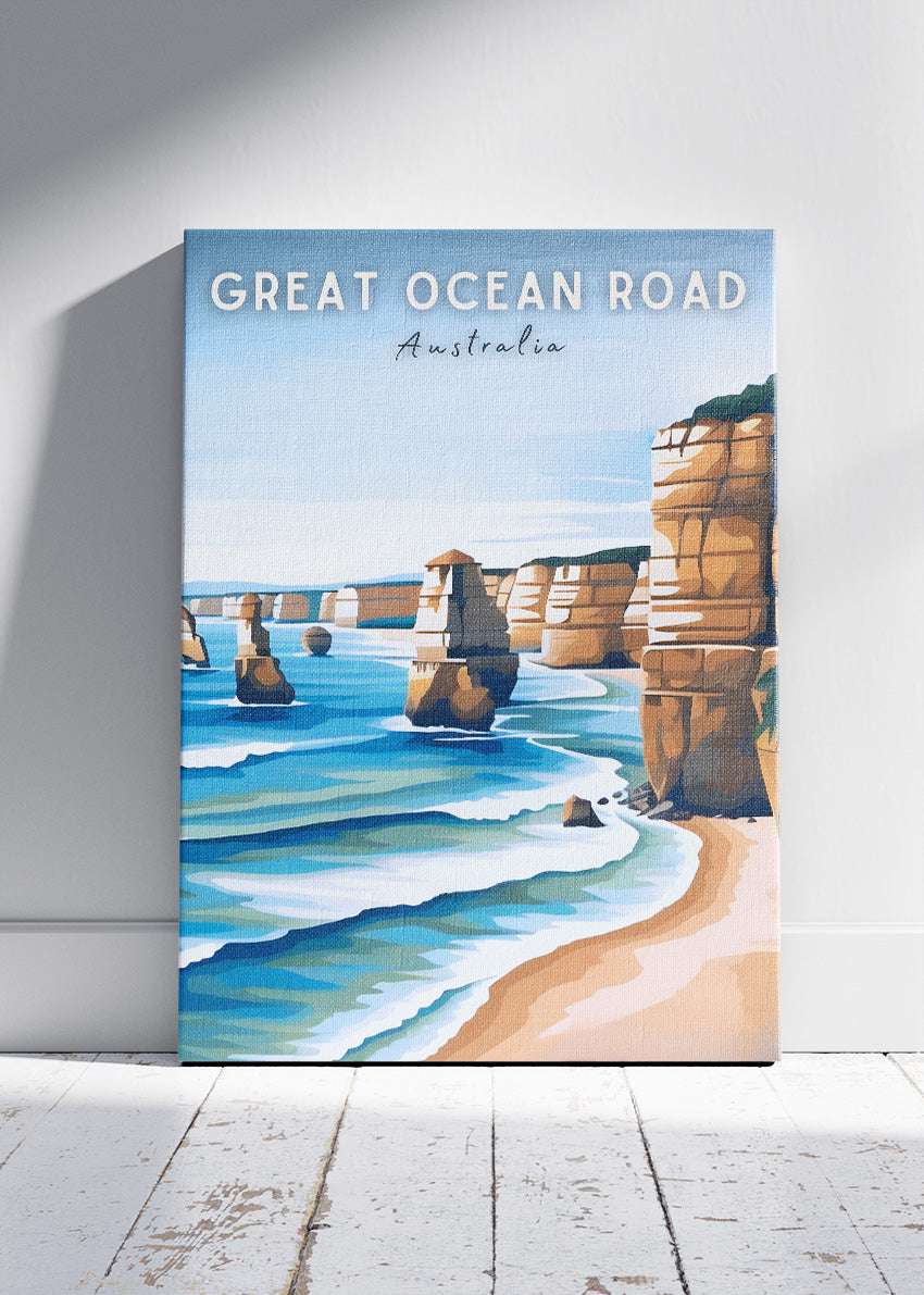 Great Ocean Road Australia Travel Poster & Canvas Wall Art – Twelve Apostles Coastal Illustration Print
