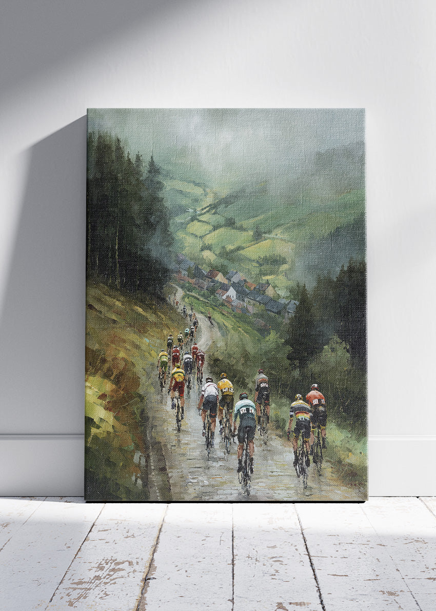 Misty Valley Cycling Descent Art Print & Canvas – Atmospheric European Peloton Wall Art