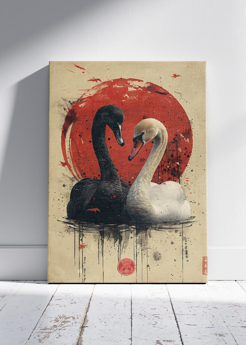 Black & White Swan Poster & Canvas Print – Japanese Red Sun Art