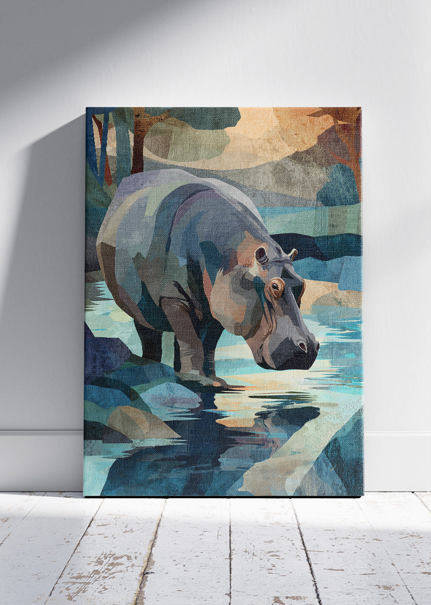 Hippo River Canvas Print & Poster – Modern Wildlife Landscape Wall Art