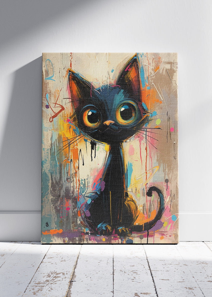 Cute Black Cat Canvas Print & Poster – Colorful Modern Animal Wall Art