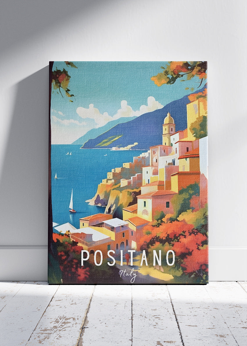 Positano Italy Coastline Poster & Canvas Print – Illustrated Amalfi Cliffside Art