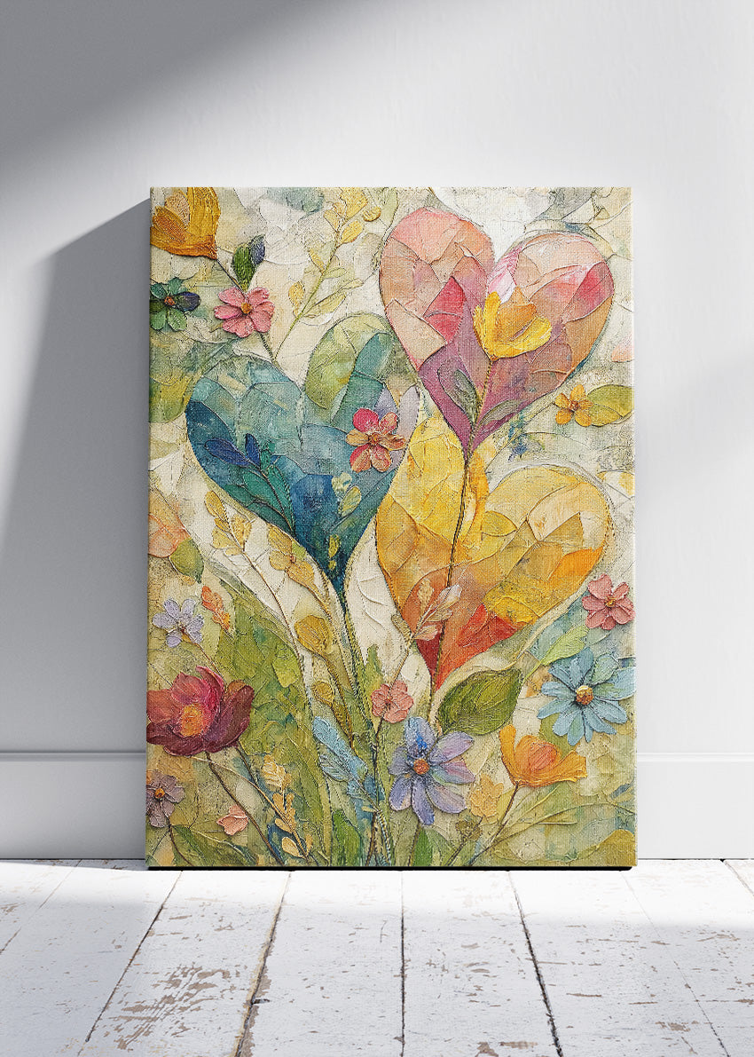 Floral Heart Wall Art – Colourful Botanical Love Canvas Print & Romantic Nature Statement Poster for Living Room Decor UK