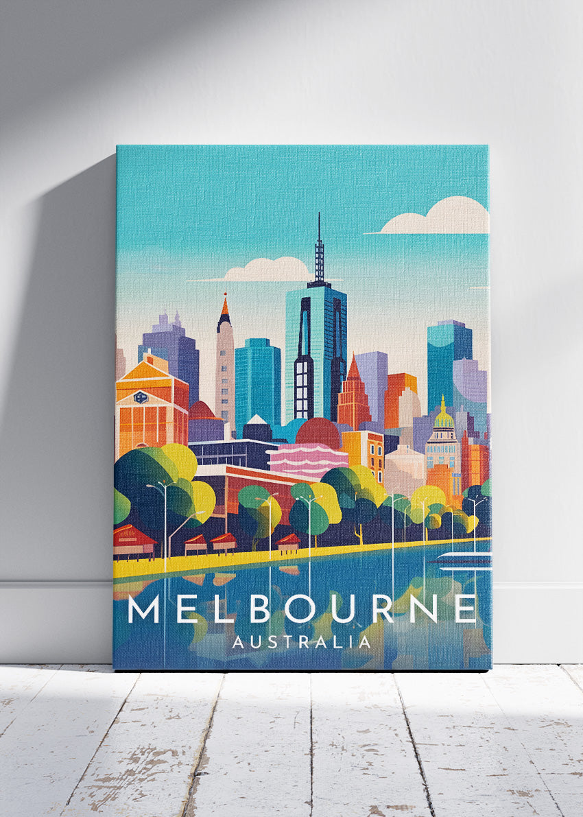 Melbourne Australia Travel Poster & Canvas Wall Art – Modern City Skyline Print