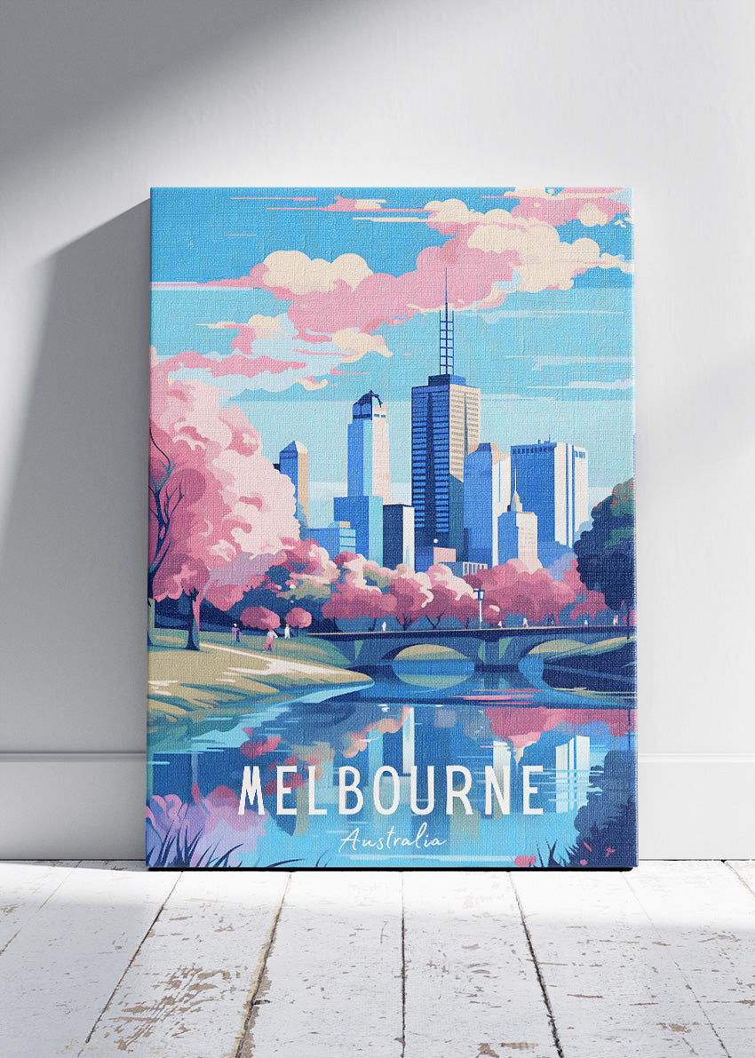 Melbourne Australia Travel Poster & Canvas Wall Art – Pink Blossoms City Skyline Print