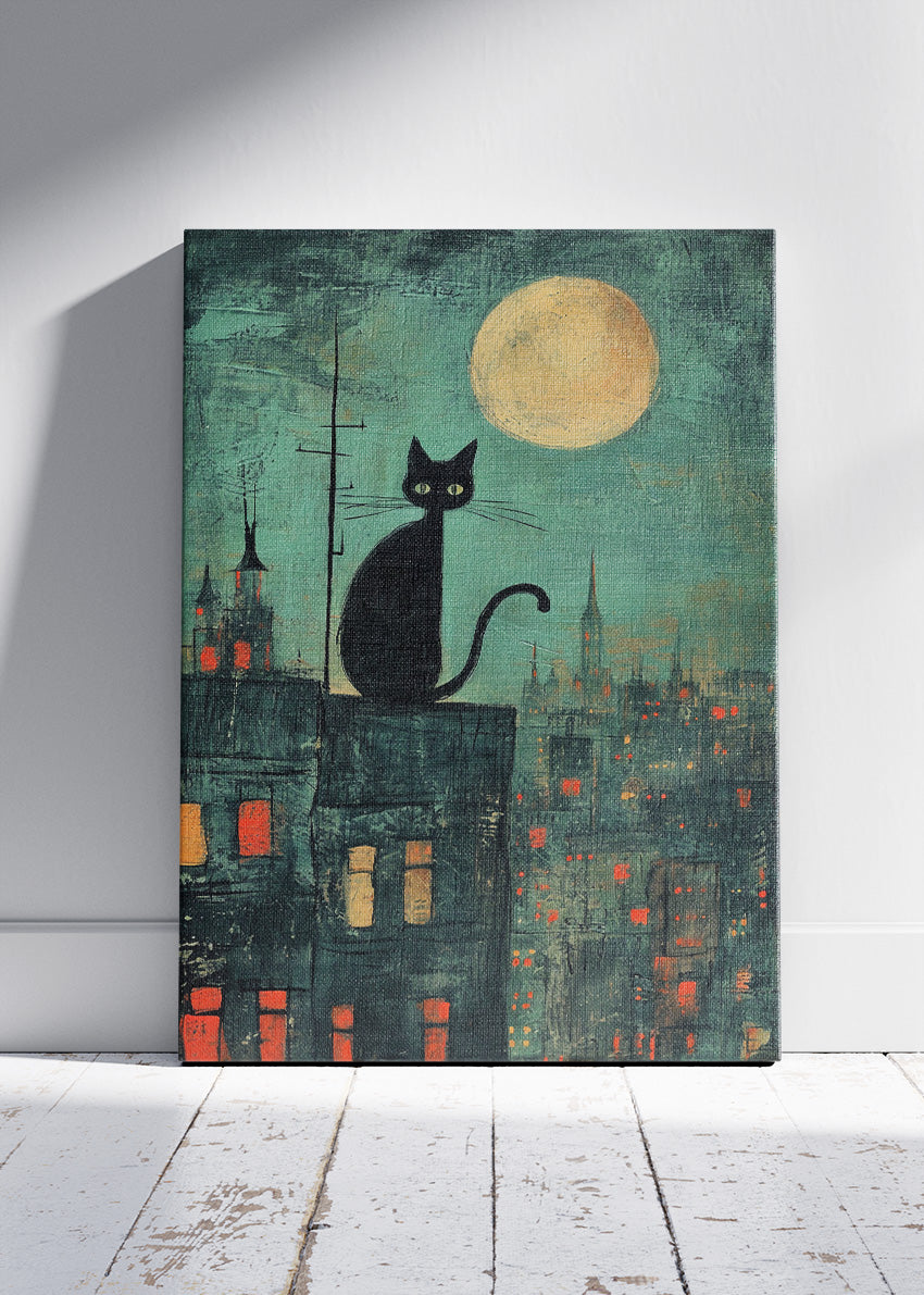 Black Cat Moonlight City Canvas Print & Poster – Night Skyline Wall Art