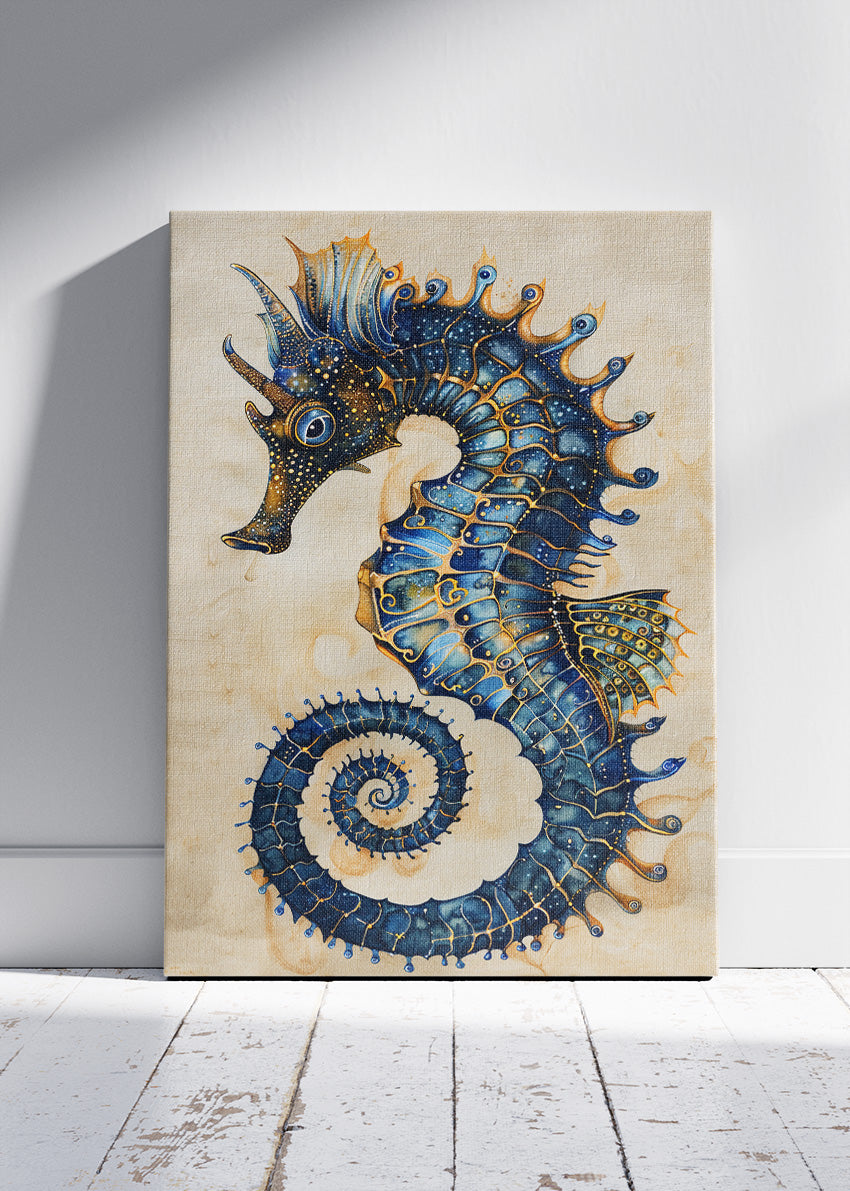 Golden Blue Seahorse Canvas Print & Poster – Elegant Ocean Animal Wall Art