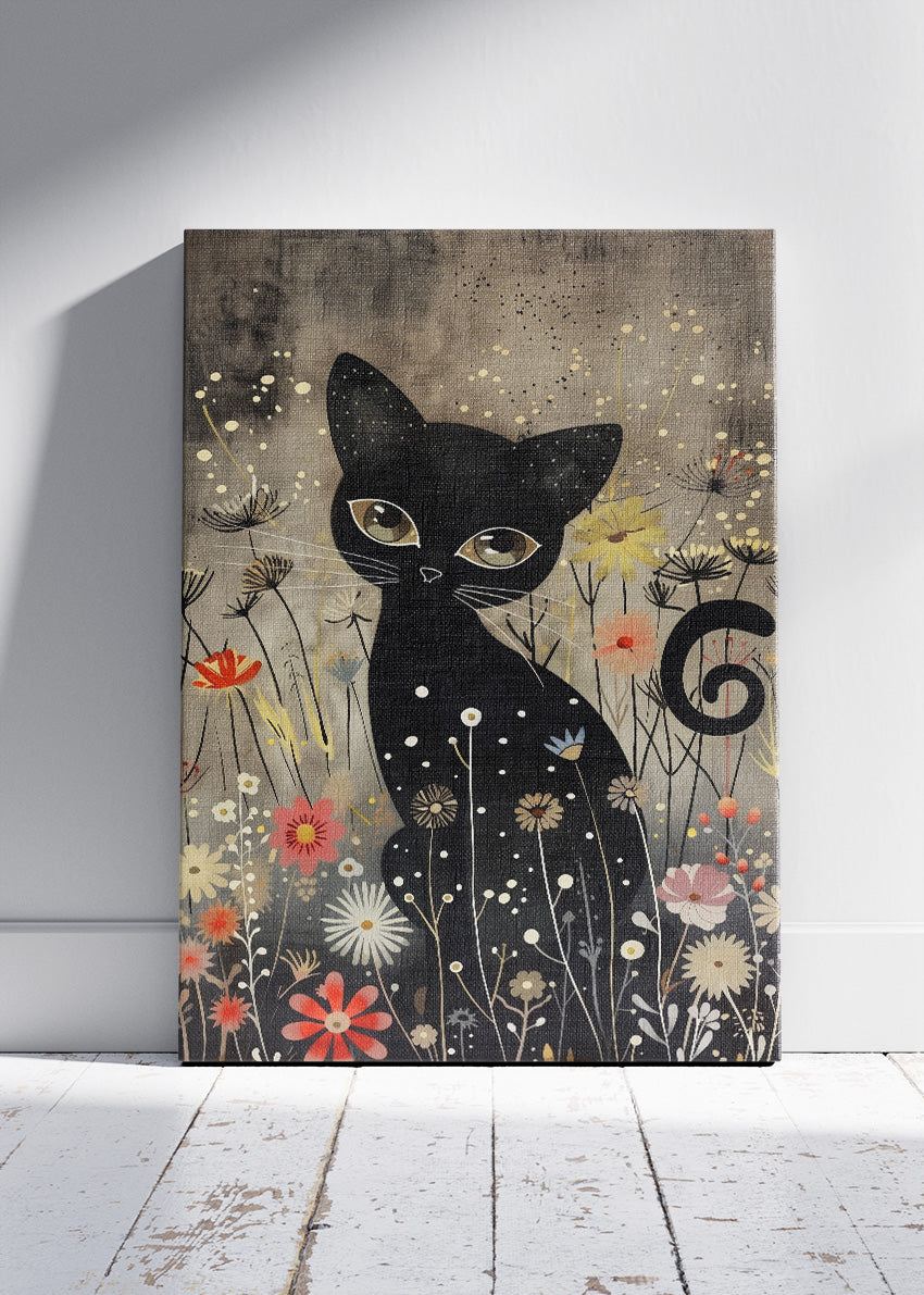Mystical Black Cat in Wildflowers Canvas Print & Poster – Enchanted Animal Wall Art