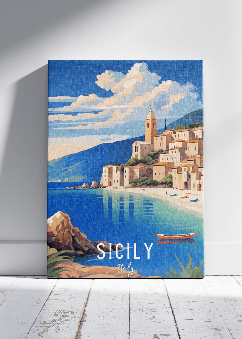 Sicily Italy Poster & Canvas Print – Illustrated Coastal Village Art