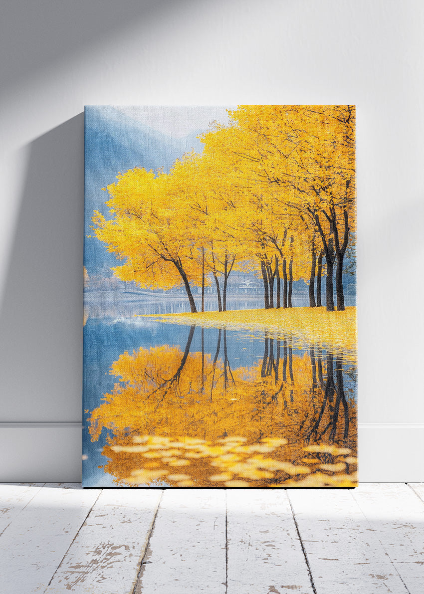 Golden Autumn Lake Wall Art – Yellow Tree Reflection Canvas Print & Serene Nature Landscape Poster UK