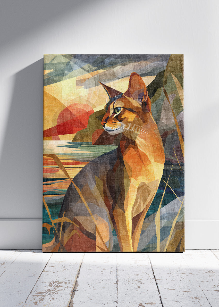 Geometric Sunset Cat Poster & Canvas Print – Modern Abstract Animal Art