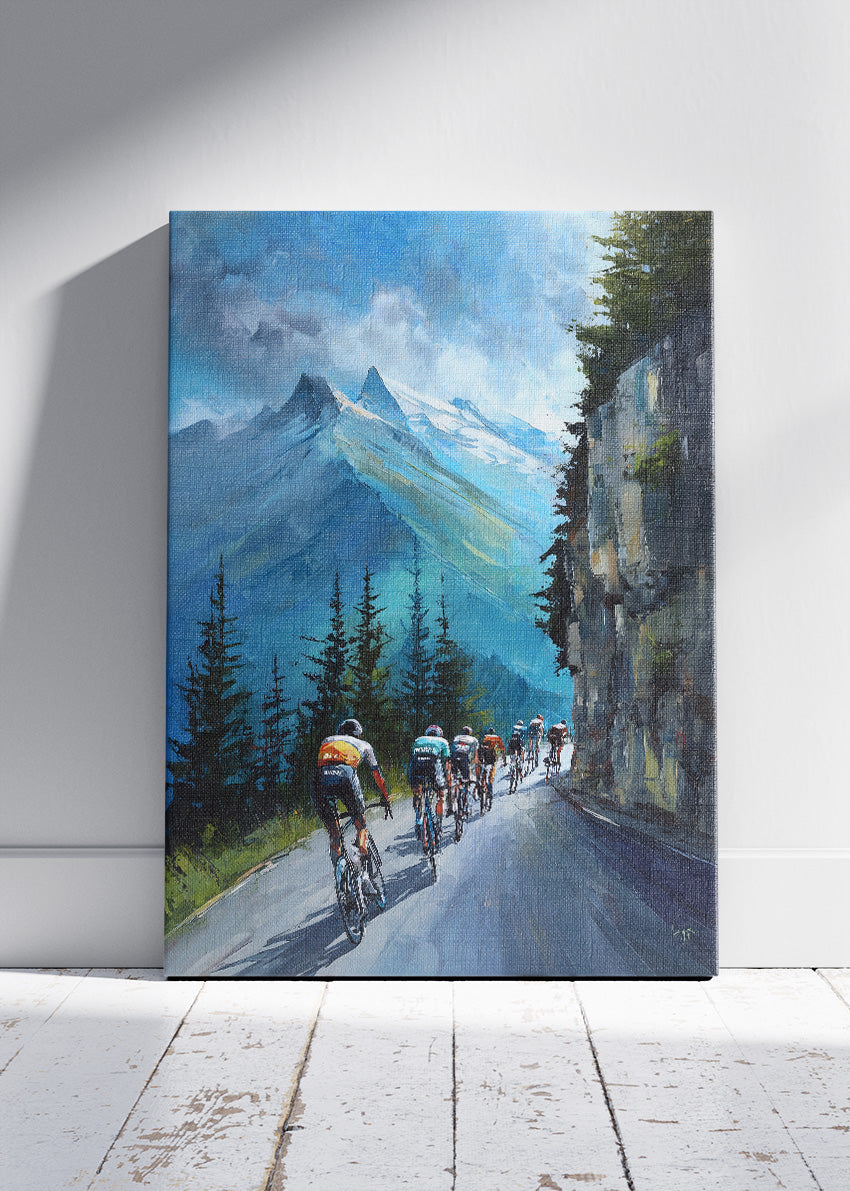 Alpine Cliffside Peloton Cycling Art Print & Canvas – Mountain Road Cycling Wall Art
