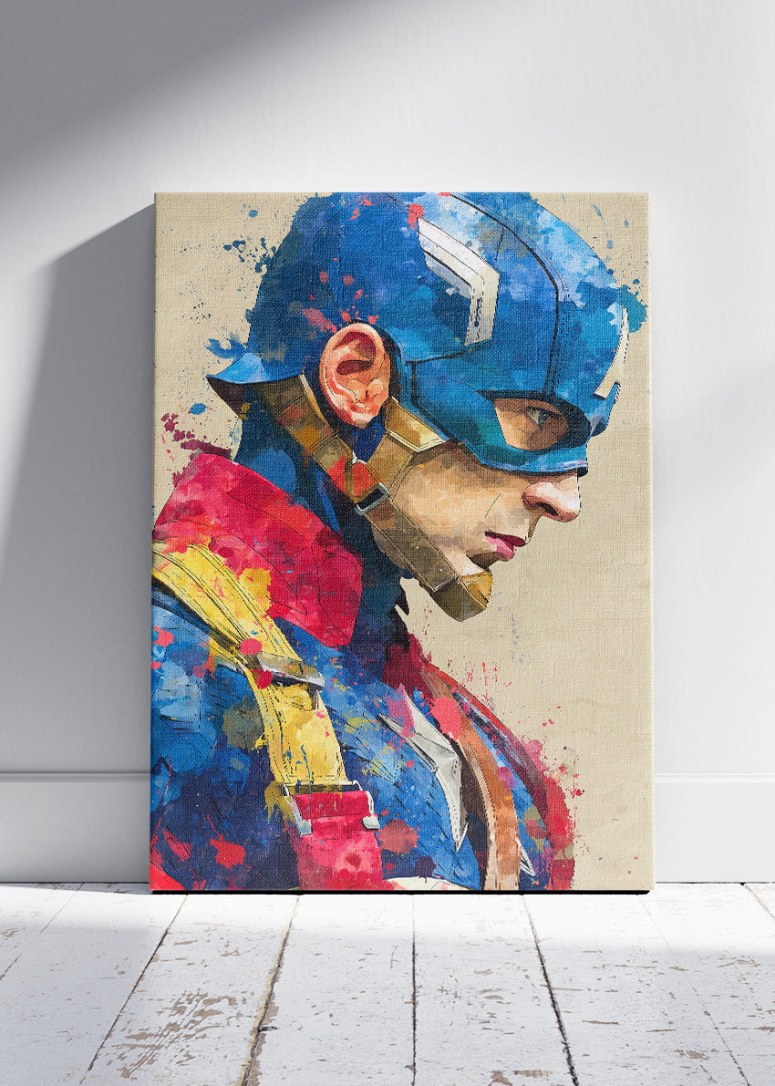 Captain America – Watercolor Splash Portrait Canvas & Poster Print – AI PRINT LAB