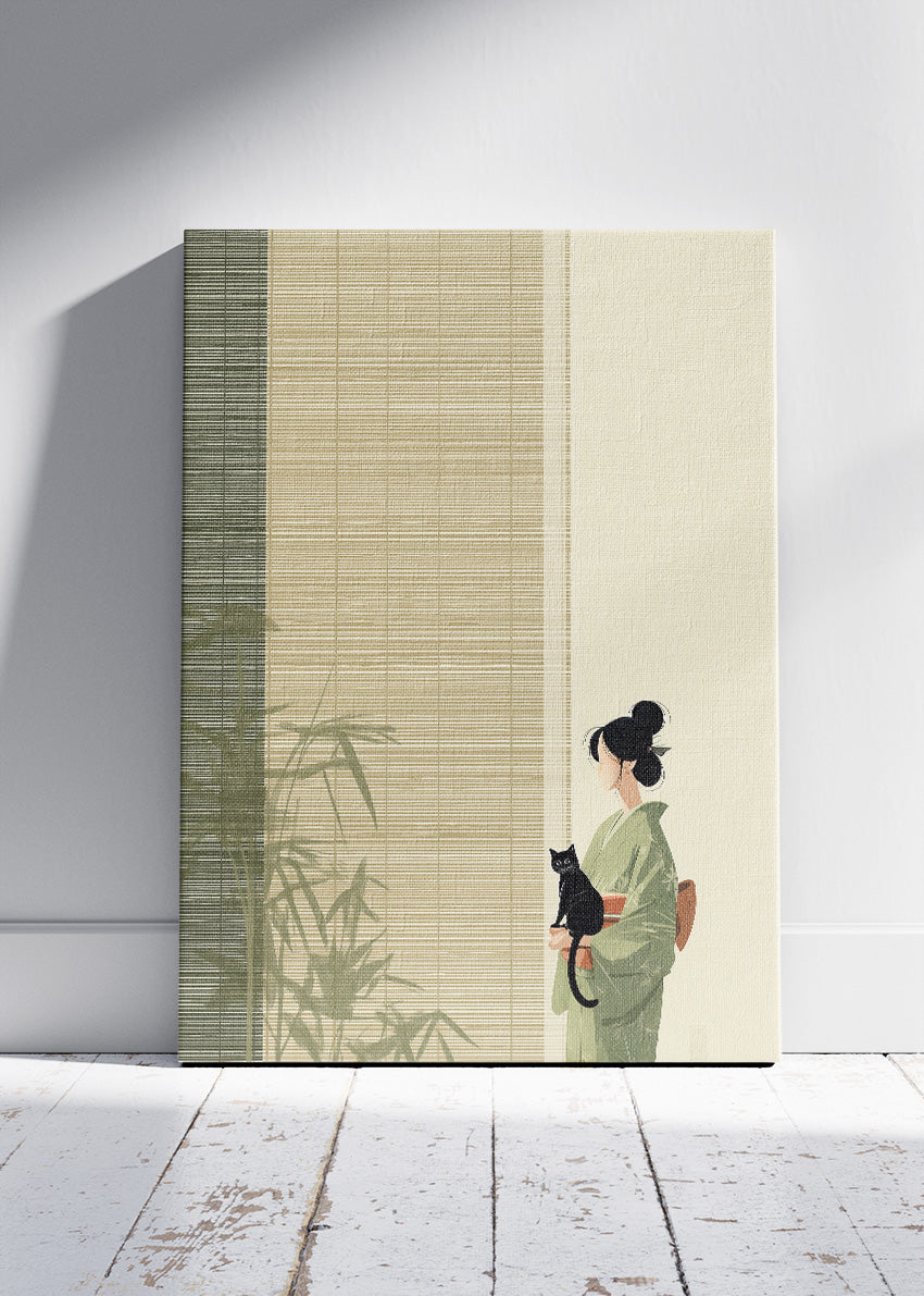 Japanese Minimalist Woman with Cat Wall Art – Zen Bamboo Canvas Print & Elegant Portrait Poster