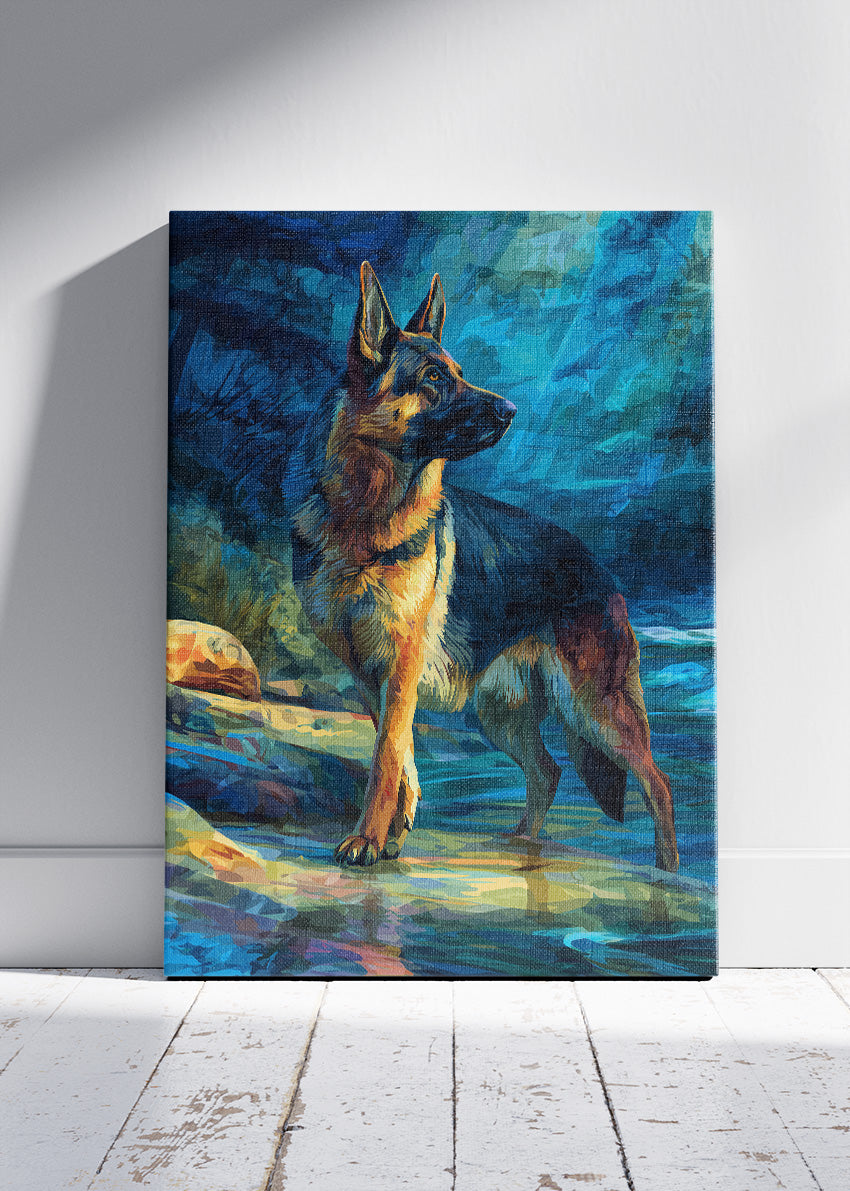German Shepherd Poster & Canvas Print – Majestic Dog in Blue Wilderness Art